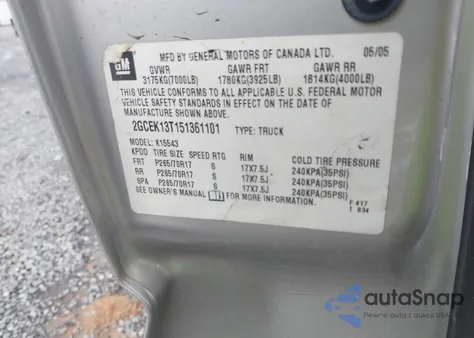 2005 Chevrolet Silverado 1500 Z71 z USA, uszkodzony, nr VIN 2GCEK13T151361101